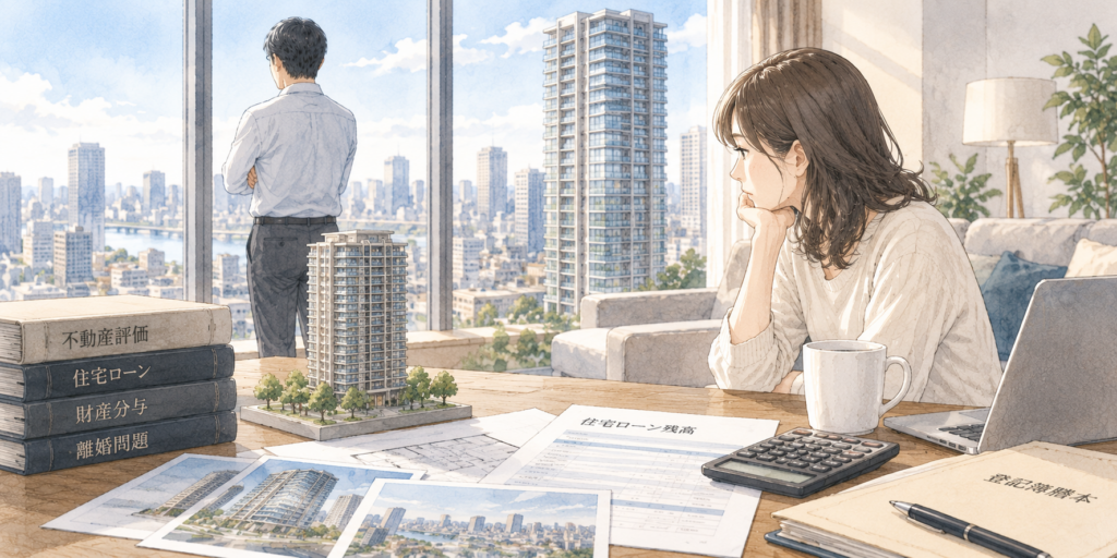 タワーマンションの財産分与と住宅ローンについて検討する夫婦のイラスト
