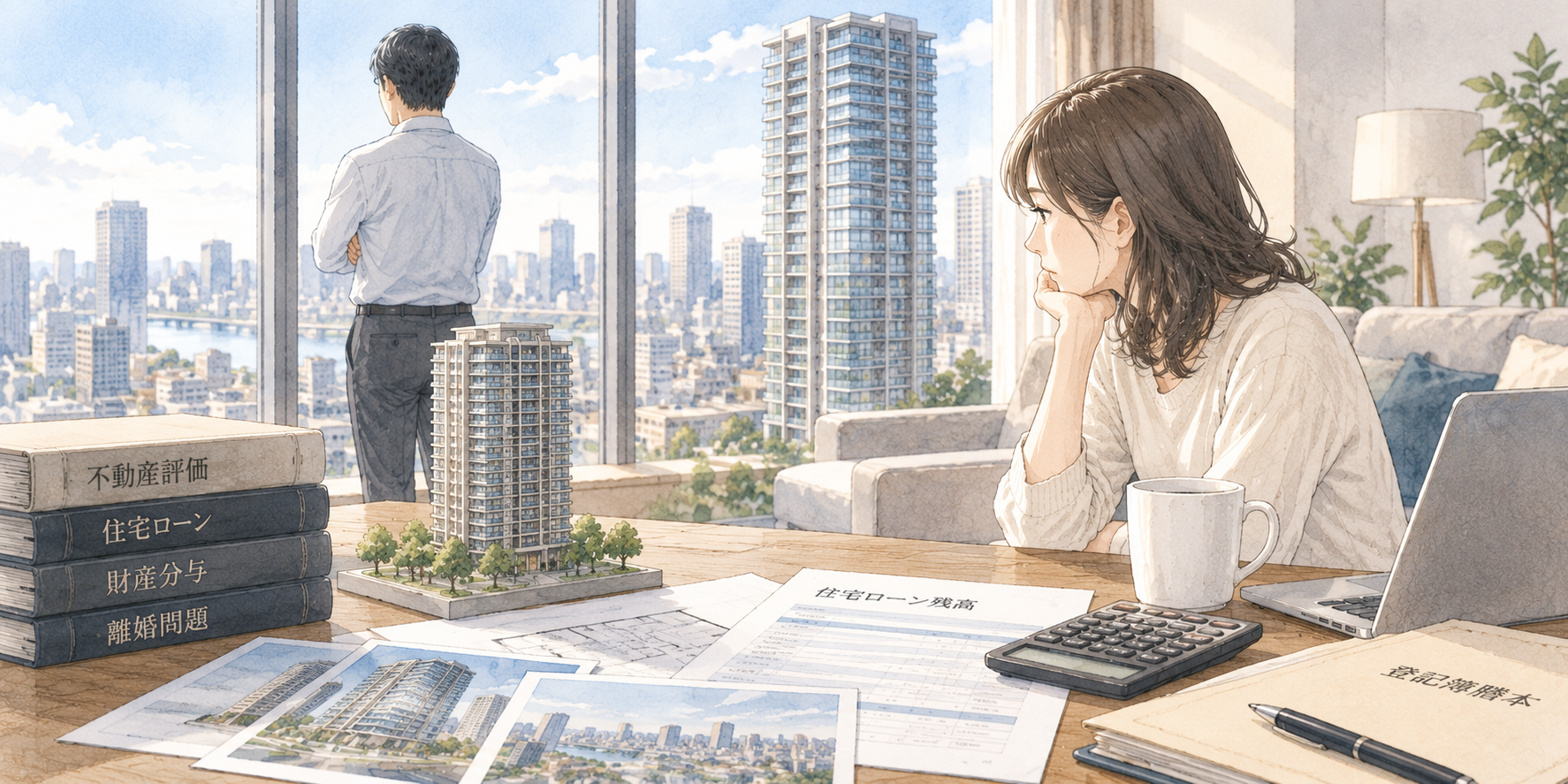 タワーマンションの財産分与と住宅ローンについて検討する夫婦のイラスト