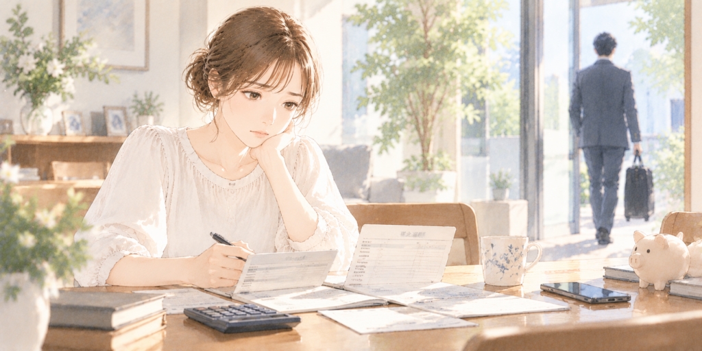別居直前に引き出された預金や使途不明金・財産隠しについて考える女性のイラスト