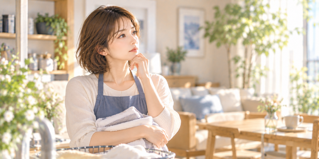 専業主婦が家事をしながら高収入の夫との離婚や財産分与について考える場面のイラスト