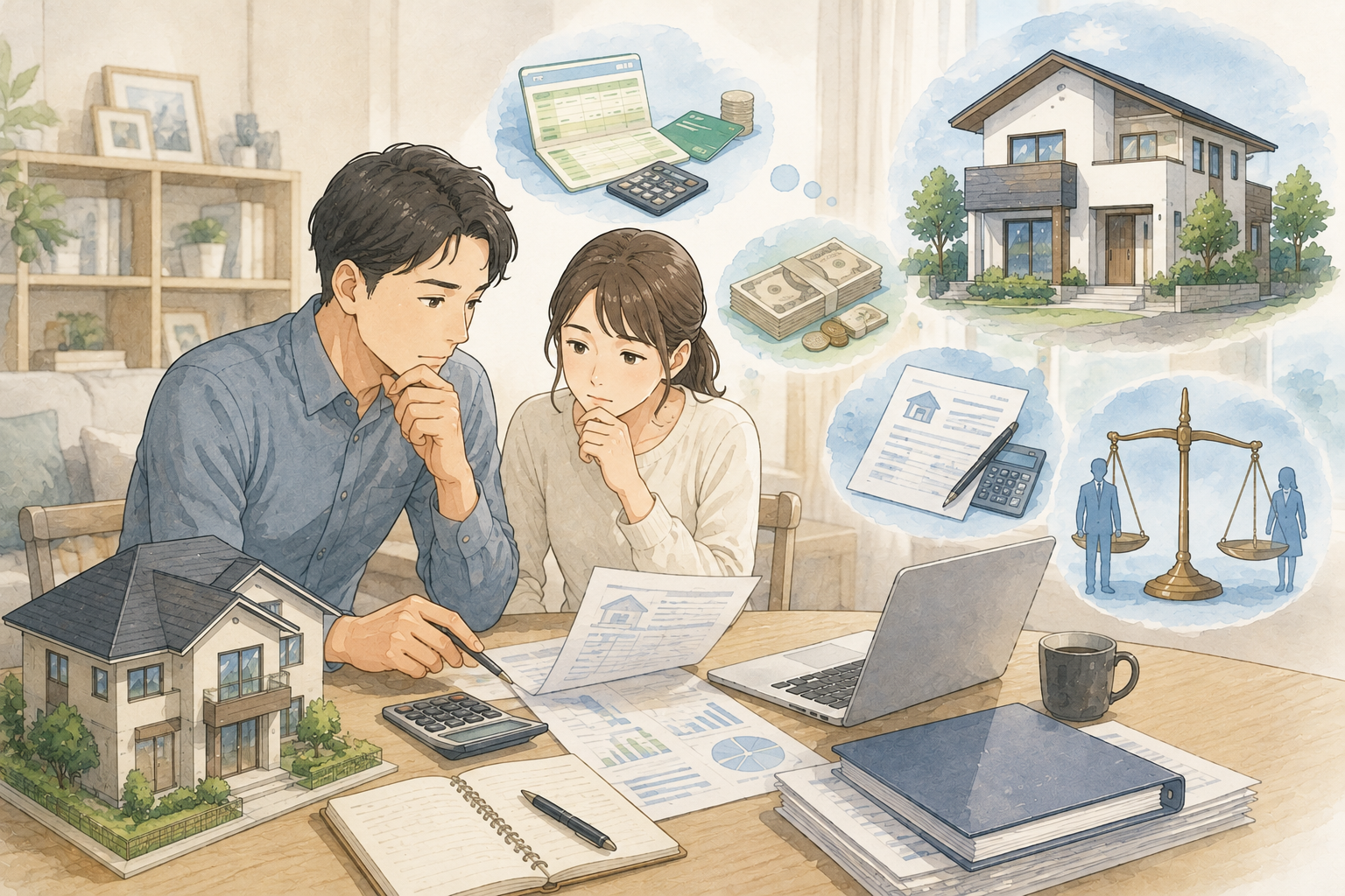 結婚前の貯金を頭金にして購入した自宅の財産分与を検討する夫婦のイラスト