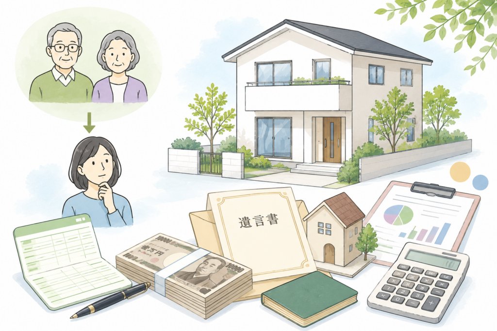 親から相続した財産と離婚時の財産分与をイメージしたイラスト