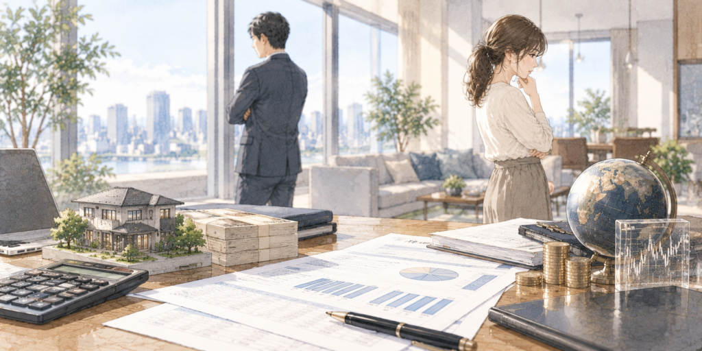 資産1億円以上の夫婦の離婚で不動産や預貯金、株式などの財産分与を検討するイラスト