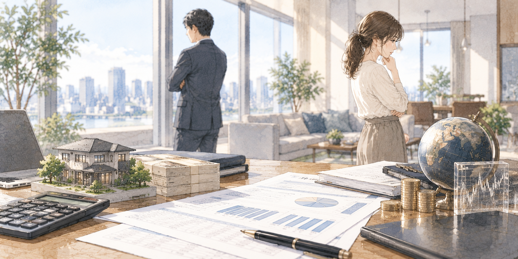 資産1億円以上の夫婦の離婚で不動産や預貯金、株式などの財産分与を検討するイラスト