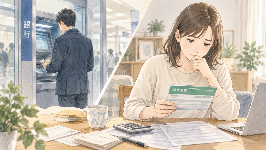 離婚前に引き出された預金の取引履歴を確認し財産分与を検討する女性のイラスト