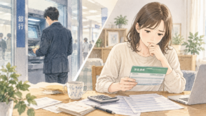 離婚前に引き出された預金の取引履歴を確認し財産分与を検討する女性のイラスト