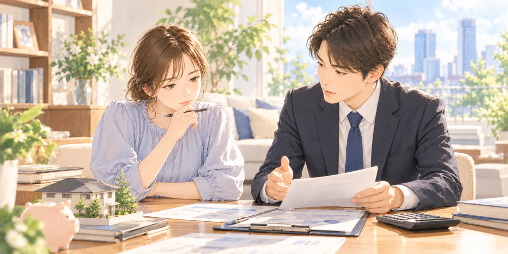 離婚時の財産分与について対象財産や分与割合を確認する場面のイラスト