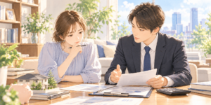 離婚時の財産分与について対象財産や分与割合を確認する場面のイラスト