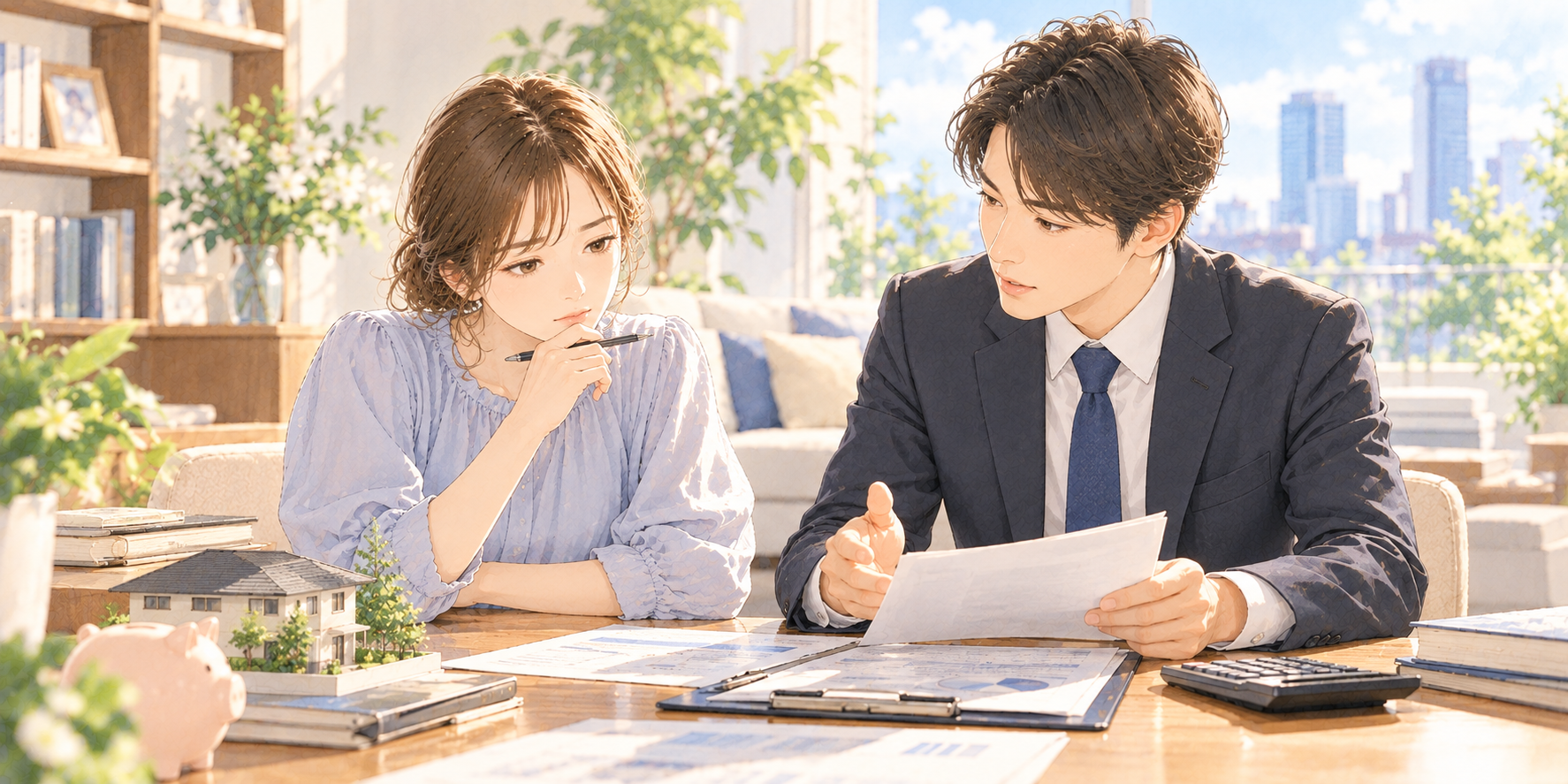 離婚時の財産分与について対象財産や分与割合を確認する場面のイラスト