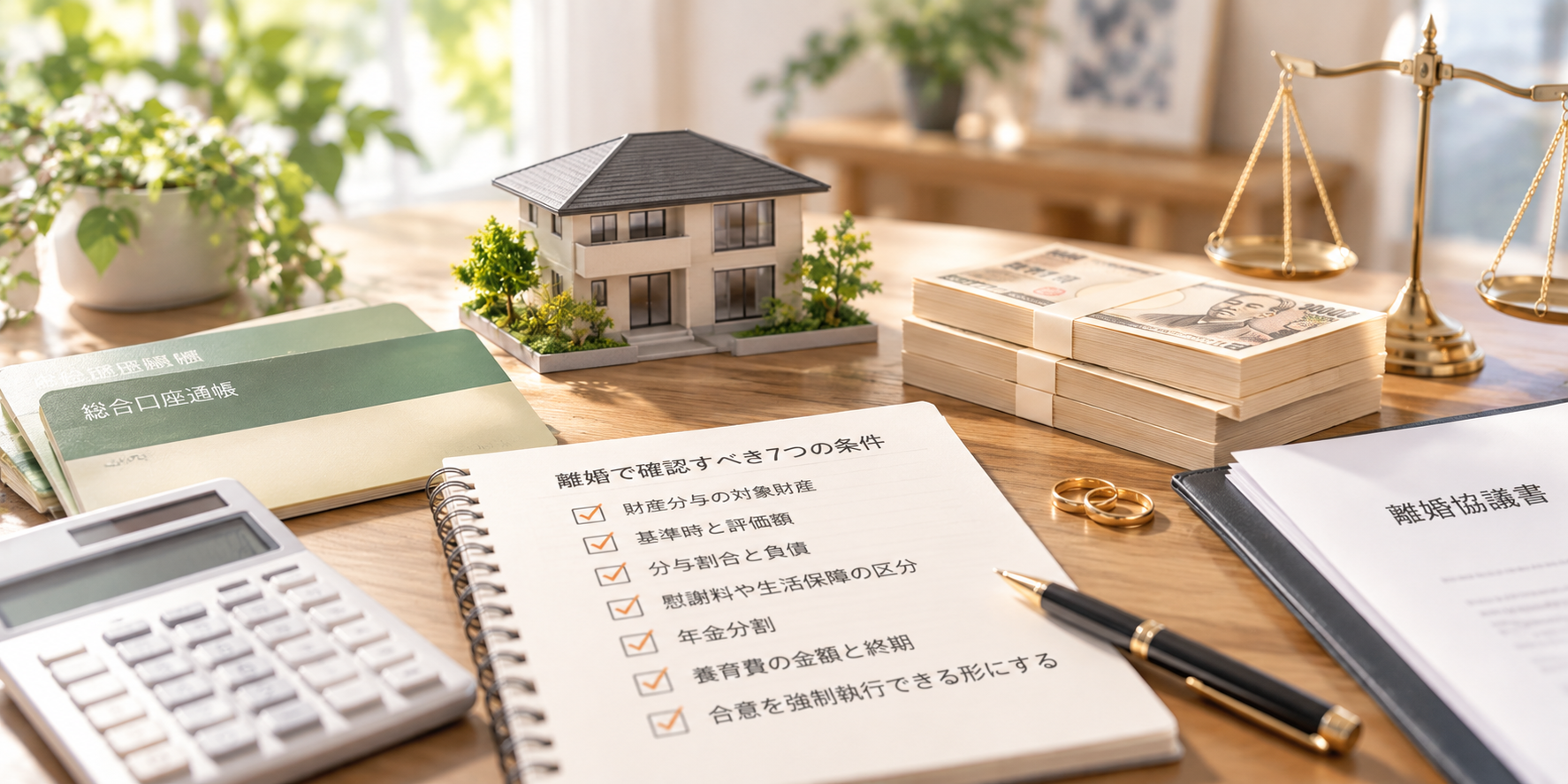 資産のある夫との離婚で確認すべき財産分与や離婚条件を複数のモチーフで表したイラスト