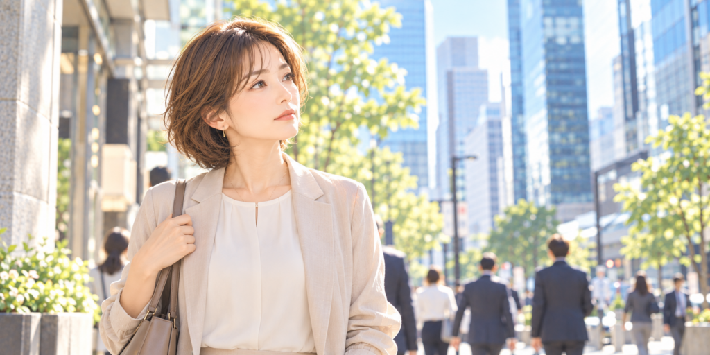 サラリーマンの夫の定年前後に離婚時期と退職金・年金について検討する女性のイラスト