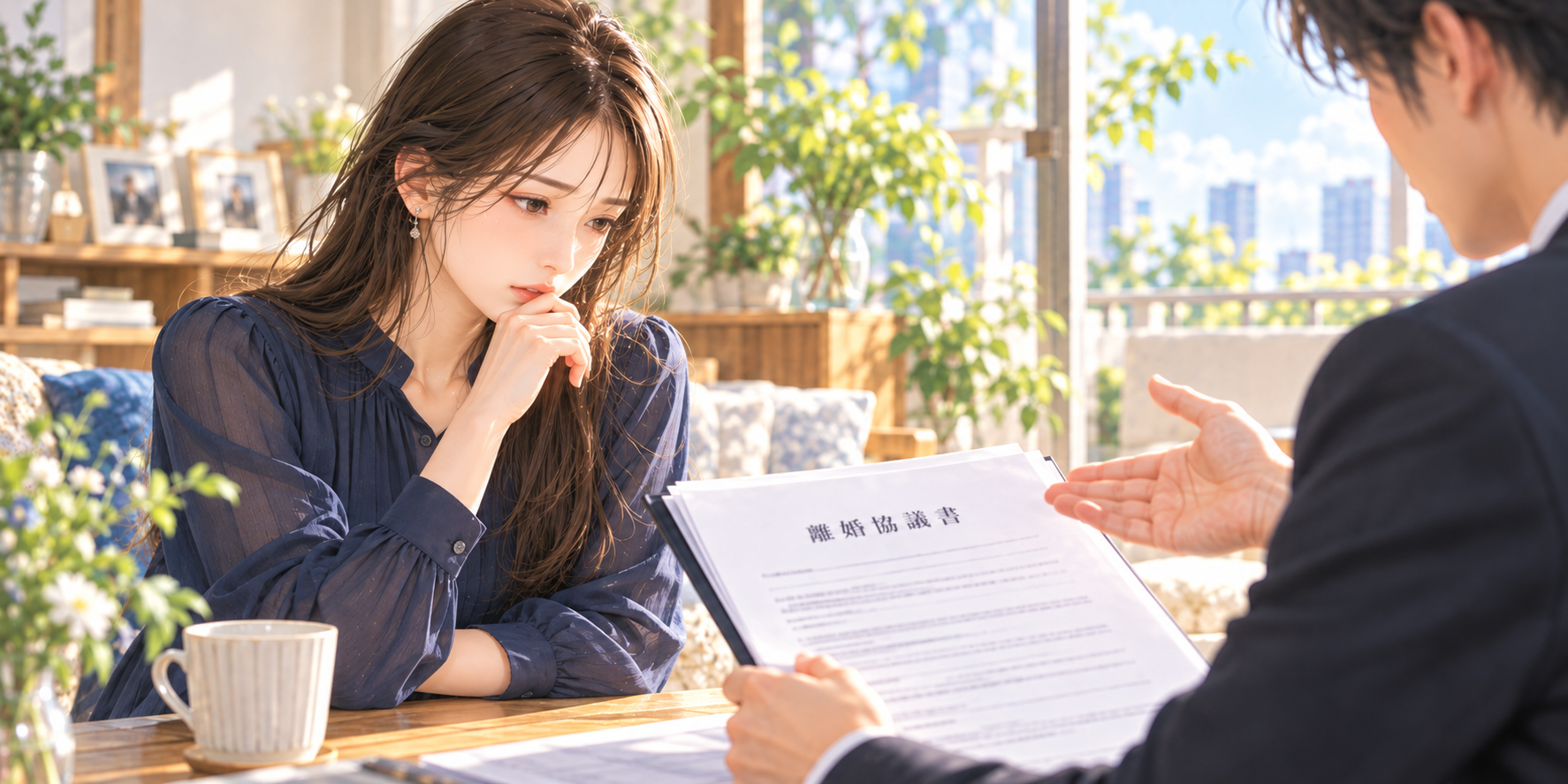 夫から離婚協議書を提示され、署名するかどうか慎重に考える女性のイラスト
