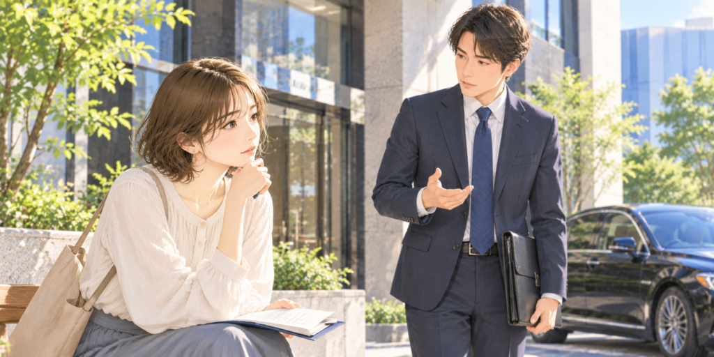 会社経営者との離婚で会社財産や自社株式の財産分与を検討する場面のイラスト