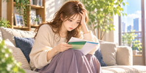 夫が管理する家計や財産を把握するため、離婚前に預金・保険などの資料を確認する女性のイラスト