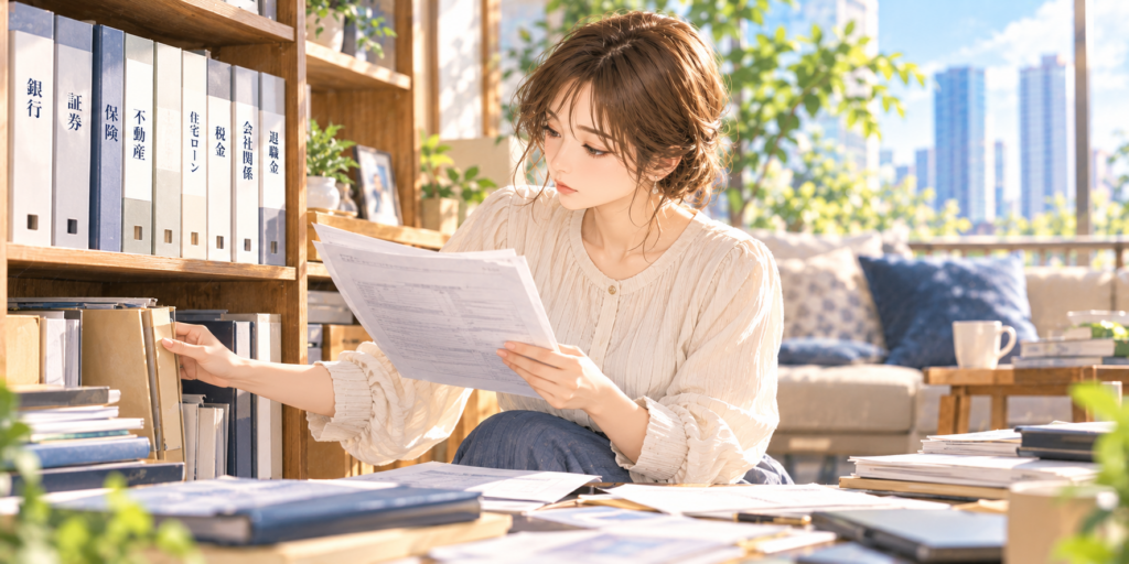 夫の財産を確認するため離婚前に自宅の収納から財産関係の資料を整理する女性のイラスト