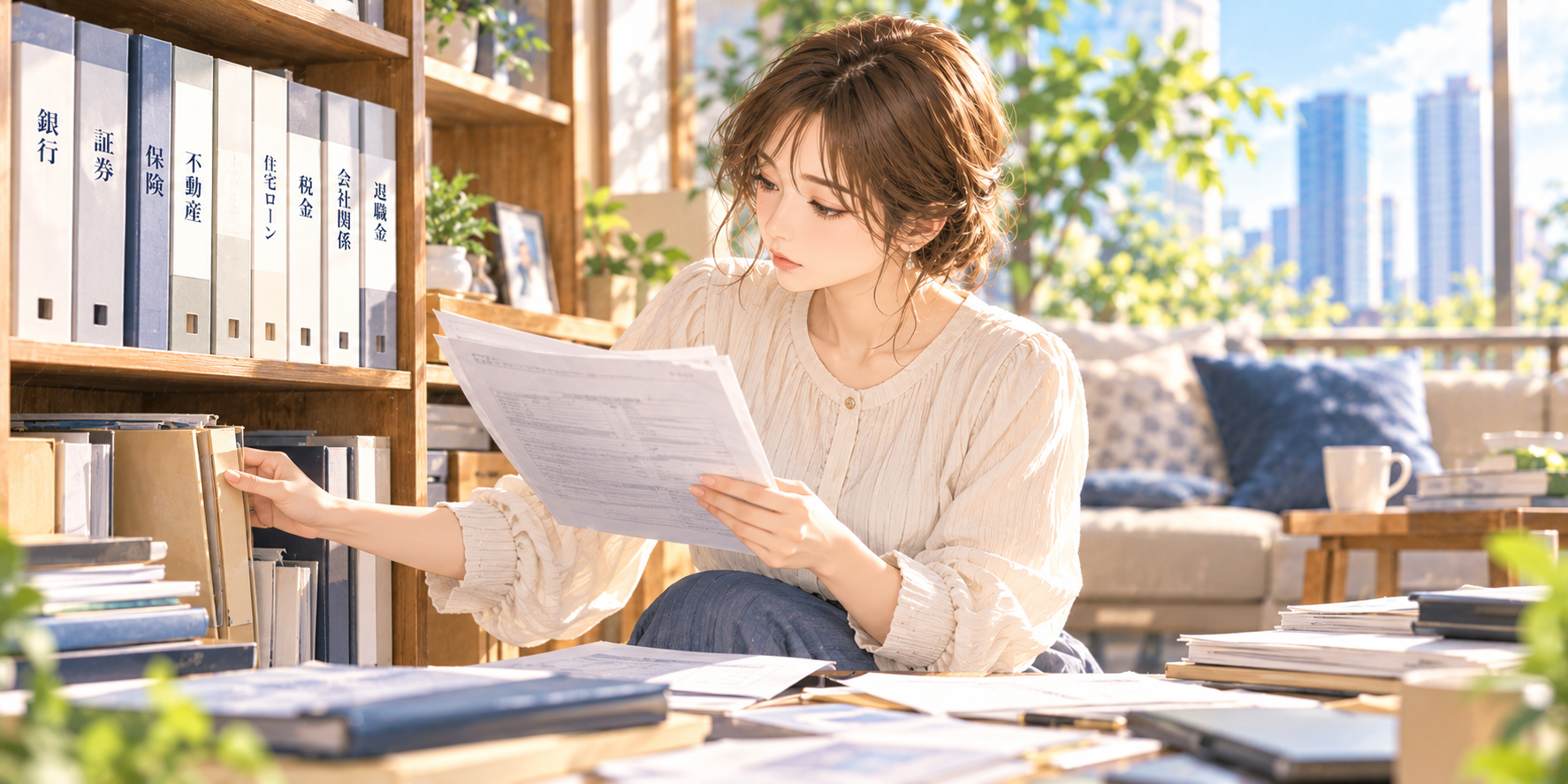 夫の財産を確認するため離婚前に自宅の収納から財産関係の資料を整理する女性のイラスト