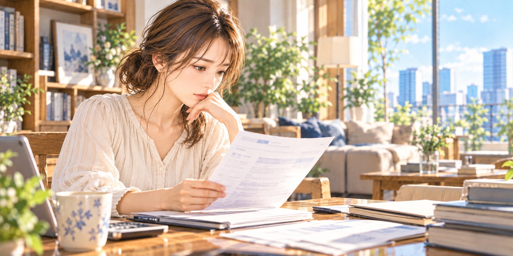 夫の財産隠しを疑い、離婚前に預貯金や資産の手掛かりを確認する女性のイラスト