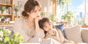 離婚を切り出す前に別居中の婚姻費用や生活について考える母子のイラスト